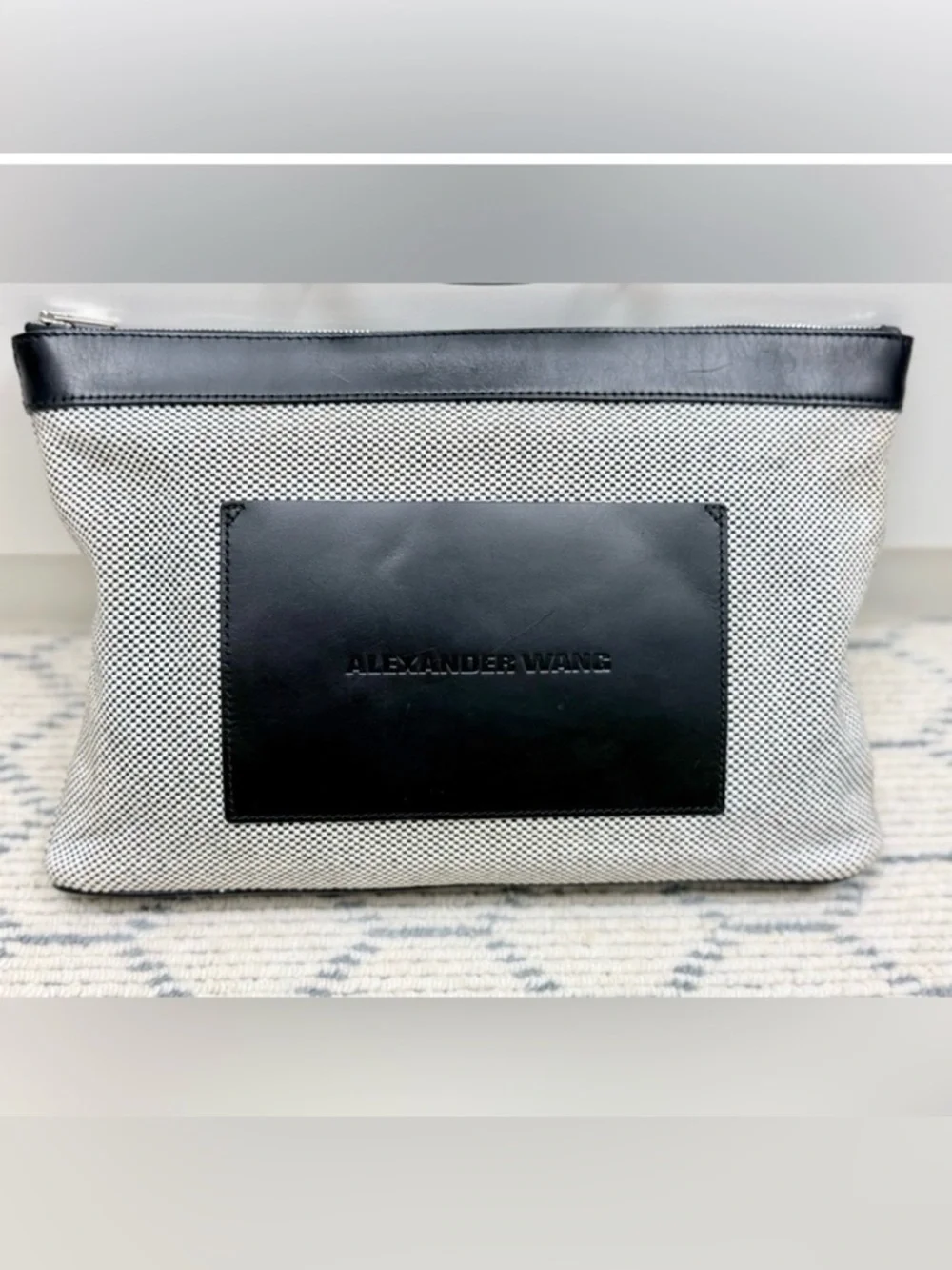 ALEXANDER WANG BLK/WHTE Woven Canvas Medium Pouch Clutch W/ BLK Leather Trim